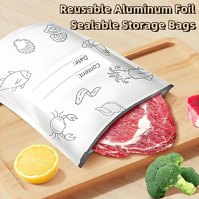 Reusable Aluminum Foil Sealable Storage Bags, 30PCS Freezer Vacuum Pouches with Label & Zipper, Leakproof Stand-Up Bags for Meat, Seafood, Vegetables, Meal Prep