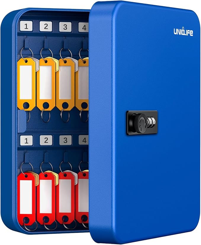 Uniclife 28 Keys Steel Key Cabinet with Resettable Code Blue Wall Mounted Key Organizer with Combination Lock Digital Security Box with Hooks and Large Key Tag Labels Identifiers in 5 Assorted Colors