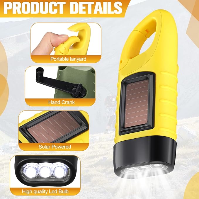 Leelosp 9 Pieces Hand Crank Flashlight Solar Powered Flashlight for Emergencies Dynamo Rechargeable LED Survival Light for Outdoor Sports Hiking Camping (Green,Yellow)