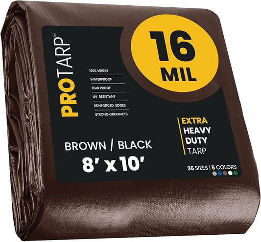 PROTARP Extra Heavy Duty 16 Mil Tarp Cover, Waterproof, UV Resistant, Rip and Tear Proof, Poly Tarpaulin with Reinforced Edges for Roof, Camping, Patio, Pool, Boat. (Brown/Black 8′ X 10′)