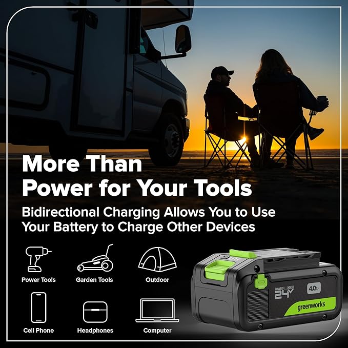 GREENWORKS 24V (6-TOOL) Combo (Drill, Impact Driver, Circular Saw, Reciprocating Saw, Multi-Tool, Flashlight), 4.0Ah + 2.0Ah (24,000mAh Power Bank) Batteries, (2) Cables, 65W Rapid Charger