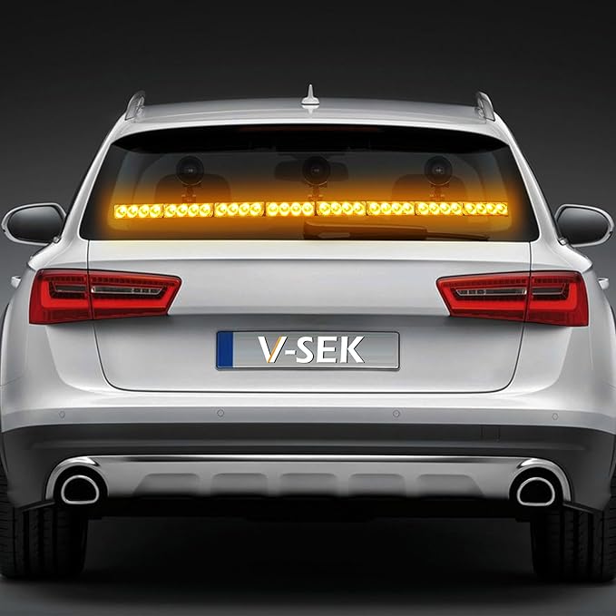 35.5 Inch Hazard Warning Emergency Traffic Advisor Strobe Light Bar 32 LED High Intensity Directional Flashing Safety Lightbar 13 Flashing Modes Cigarette Lighter Suction Cups (Amber Yellow)