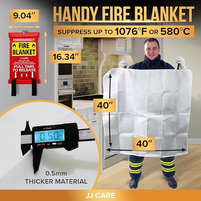 JJ CARE Fire Blanket – 5 Packs with Hooks – 40” x 40” Fire Blankets Emergency for Home and Kitchen, High Heat Resistant and Flame Protection for Kitchen, Car, Office, Camping & Home Safety