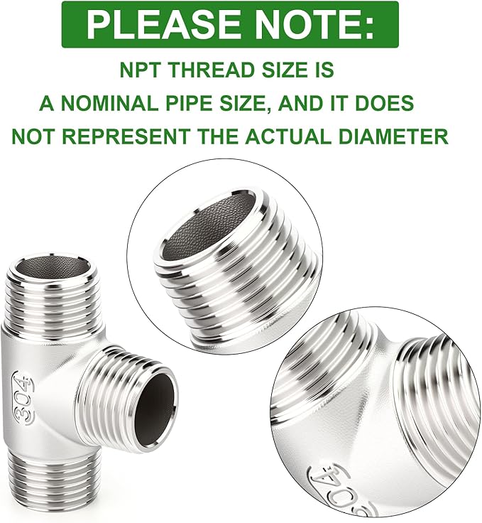 TAISHER 5PCS 304 Stainless Steel Tee Pipe Fittings, 1/2" x 1/2" x 1/2" NPT Male Pipe Fittings