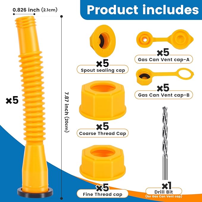 Gas Can Spout Replacement 5 Kits, 1/2/5/10 Gallon Gas Can Nozzle Replacement, Leak Proof, HDPE Material, Yellow, 8 Inch Flexible Nozzles, Spout Cover, Base Cap, Screw Collar Caps, Drill Bit