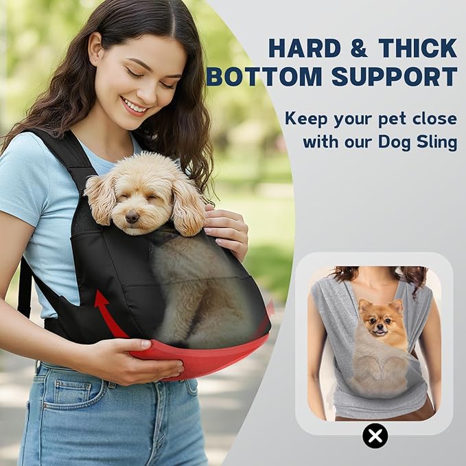 Dog Sling Carrier for Small Dogs with Bottom Support, Adjustable Pet Front Dog Carrier-Padded Straps Reducing Back Neck Pain, Anti-Anxiety Backpack for Travel Hiking Camping, Hands Free (Black,M)