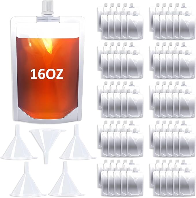 16OZ 100PCS Drink Pouches,Reusable Plastic Flask with Funnel for Drinking Liquid Beverage Juice,Stand Up Drink Bags for Travel Camping Outdoor Sport Concert Events,Leak-Proof Food Grade