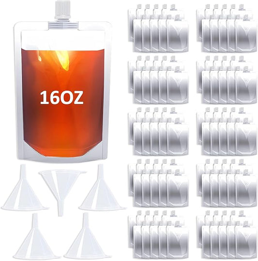 16OZ 100PCS Drink Pouches,Reusable Plastic Flask with Funnel for Drinking Liquid Beverage Juice,Stand Up Drink Bags for Travel Camping Outdoor Sport Concert Events,Leak-Proof Food Grade