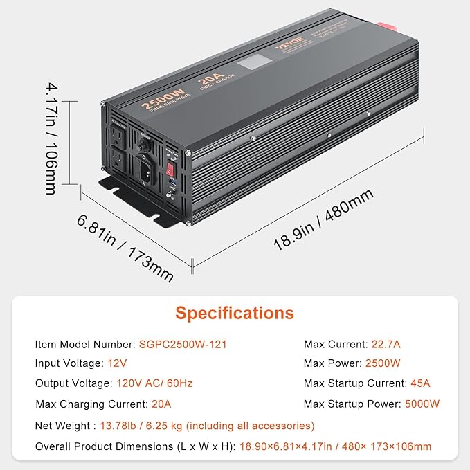 VEVOR 2500W Sump Pump Battery Backup with LCD, Automatically Shifts to Inverter Power Ensuring Uninterrupted Operation, Essential for Emergencies & Power Failures