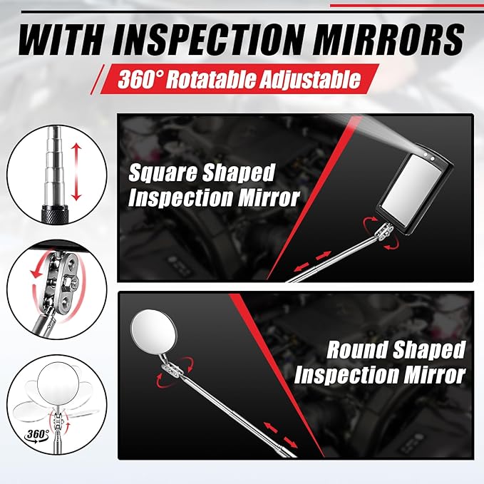 Gifts for Dad, Telescoping Magnetic Pick Up Tool Set, Stocking Stuffers for Men, Extendable Magnet Flashlight with Inspection Mirror, Flexible LED Flashlight,Christmas Gifts for Men, Women