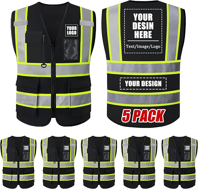 Custom Safety Vest with Logo, High Visibility Reflective Personalized Vest with Pockets and Zipper for Men Women Work