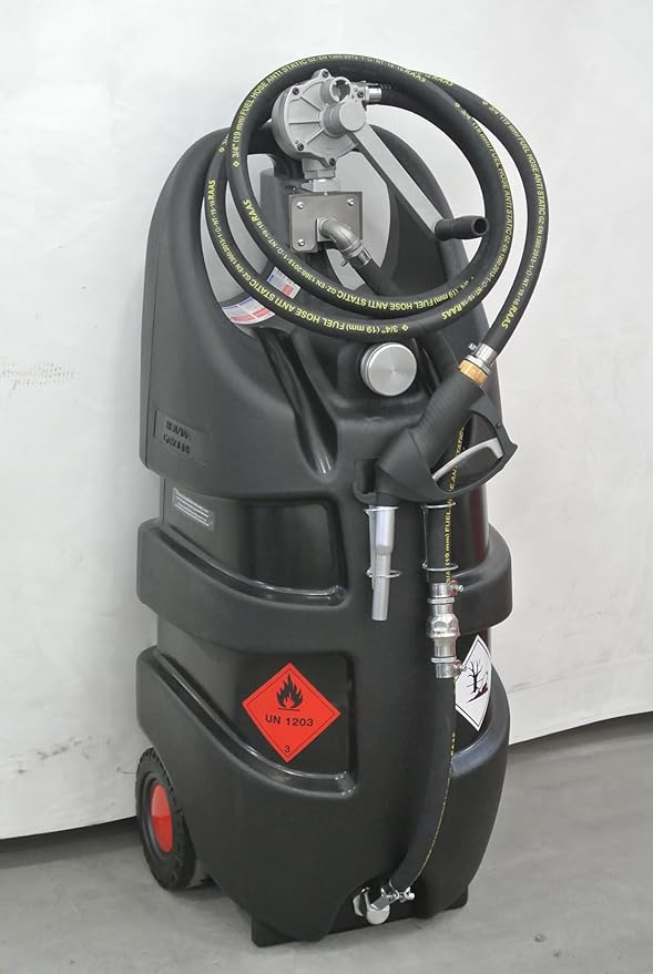 Portable Gas Cart 29gl Gas Fuel Tank Caddy with Manual Rotary Hand Pump, Fuel Storage Can On-Wheels for Cars, Lawn Mowers, ATVs, Boats, 10 ft Antistatic Hose, Manual Nozzle