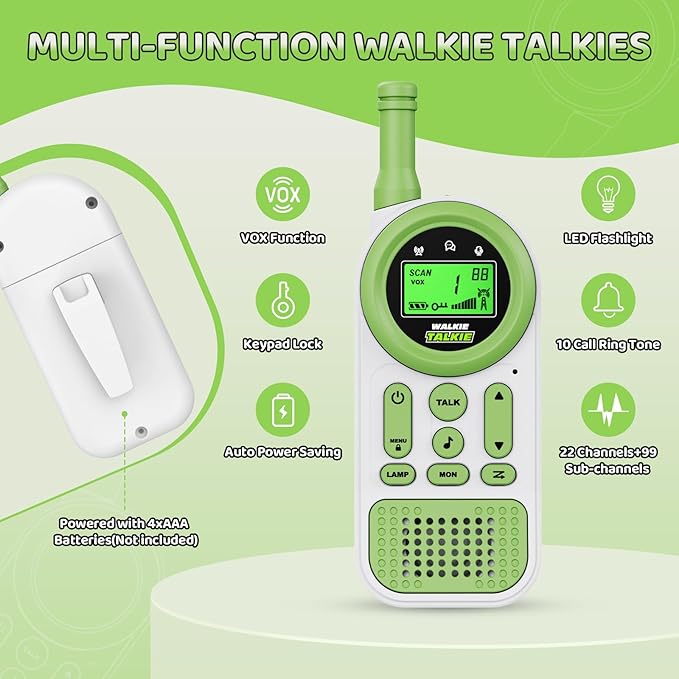 Walkie Talkies for Kids Toys: Toys for 3-12 Year Old Boys Girls - 22 Channels 2 Way Radio Toy with Backlit LCD Flashlight - 3 Miles Range for Outside/Camping/Hiking (2-Pack), Green