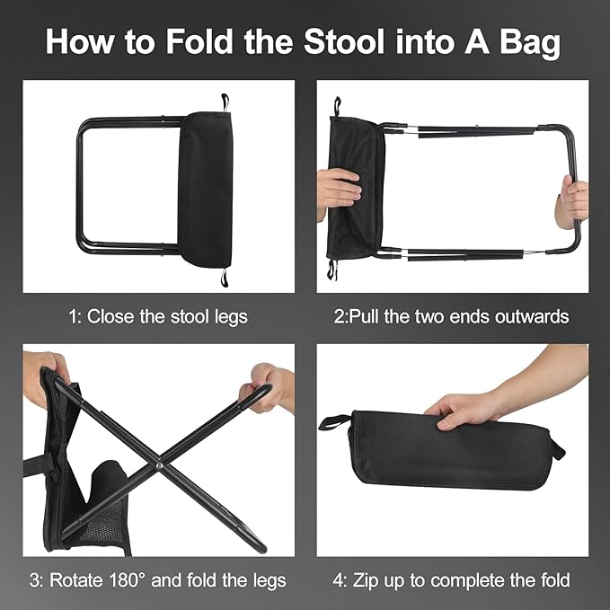 DZ Duozhan Portable Camping Stool - Foldable Backpack Stool 13" with 260lb Capacity, Lightweight Collapsible Stool with Carry Bag & Adjustable Strap for Hiking, Fishing, Beach Outdoor (Black)