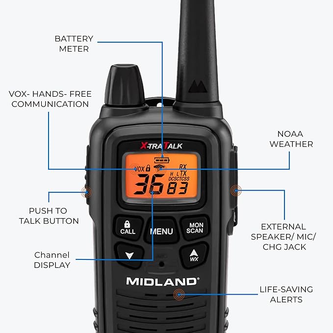 Midland LXT600BB FRS Business Walkie Talkies - Long Range 36-Channel Two-Way Radios with Headsets and Charging Base, NOAA Weather Alerts(2-Pack, Black)