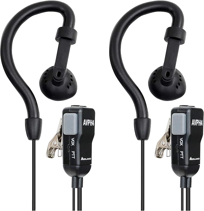 Midland® - AVPH4 Ear Clip Headset Headphones for Midland® GMRS Two-Way Radios – Secure Fit - Crystal Clear Communication Built-In Microphone and Push To Talk Button