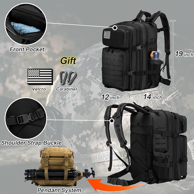 50L Military Tactical Backpack for Men,Water Resistant Day Backpack Molle Army 3 Days Assault Pack Bug Out Bag,Heavy Duty Hiking Treeking Gym Rucksack Black