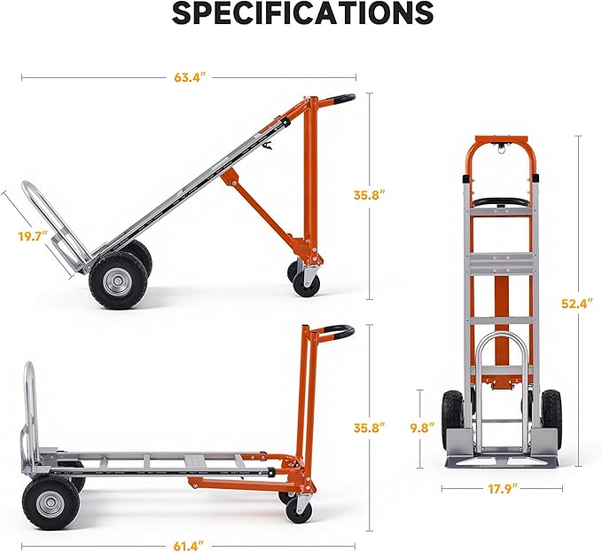 CREWORKS 3-in-1 Convertible Hand Truck, Aluminum Alloy Folding Hand Truck Dolly, Foldable Dolly Cart with Wheels 1000 lb Capacity, Lightweight Flat Platform Cart Moving Dolly for Home & Industrial Use