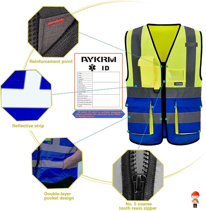 6XL 7XL 8XL High Visibility Yellow Blue REFLECTIVE Safety Vest with zipper Reflective Strips 7 Pockets