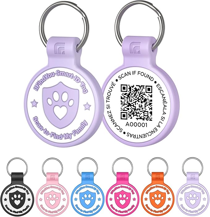 Silicone Dog Tags Personalized for Pets with QR Code, Emergency Contact Info, Anti-Lost, Scan Location Alerts(Purple-L)