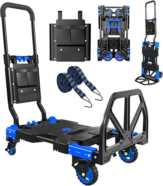 Folding Hand Truck, 2 in 1 Portable Heavy Duty Carrying Moving Dolly Cart with 4 Foldable Wheels and Retractable Handle Duty 330lbs (Blue)