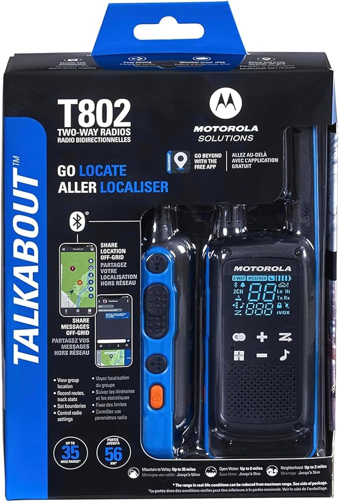 Motorola Solutions, Talkabout T802, Portable FRS Two Way Radio 10 Pack Walkie Talkies Blue/Black 22 Channels Bluetooth Capable Rechargeable Location Sharing 10 Radios