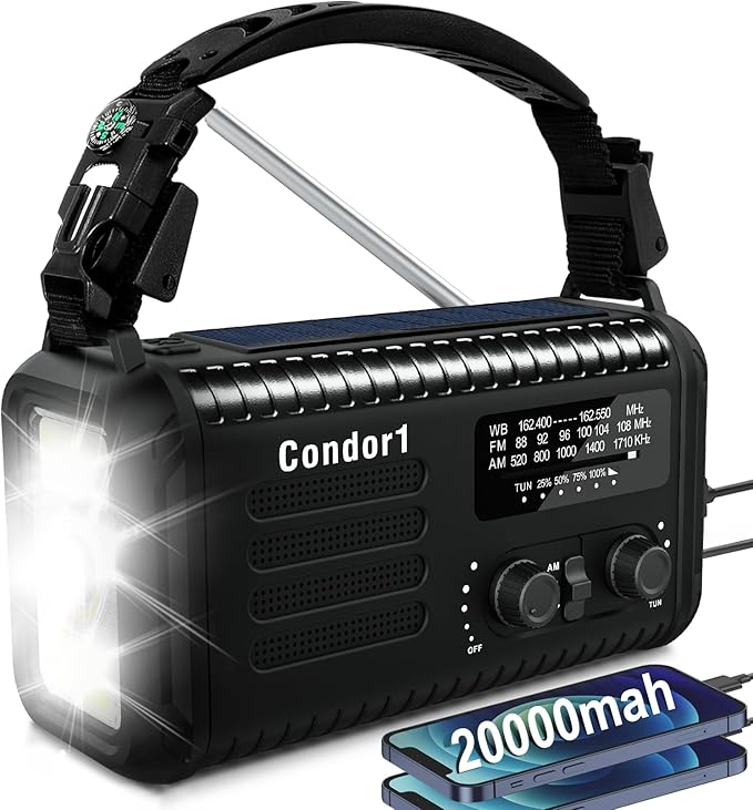 Emergency Radio, 20000mah NOAA AM FM Weather Radio, Solar Hand Crank Portable Radios, Battery Operated, SOS Alarm, Reading Lamp& Flashlight for Hurricane Emergencies Survival (Black)