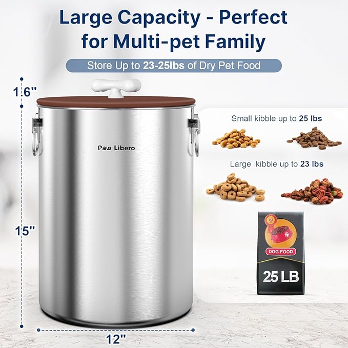 2PK 25 Lbs Stainless Steel Dog Food Storage Container with Airtight Lid & Ceramic Bone Handle, Large Metal Dog Food Bin for Dogs & Cats, Keep Fresh, Easy to Clean