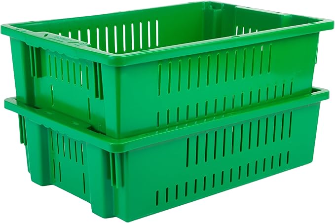 Hudson Exchange 20 x 13 x 5.6" (4.5 Gallon) Agricultural Nest and Stack Vented Crate Handled Storage Container Tote, Green (4 Pack)