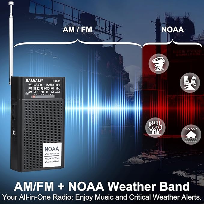 BAIJIALI NOAA Weather Radio with AM/FM, Emergency Portable Radio - Strong Reception, Battery Operated, Headphone Jack for Storms, Hurricanes and Outdoor Activities (Black)