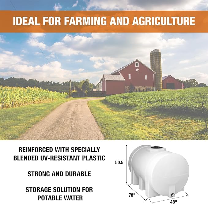 RomoTech 550 Gallon Polyethylene Storage Tank with Legs–Heavy-Duty Horizontal Water Storage Tank for Farms, Industrial or Chemical Use–UV-Resistant, Rustproof, BPA-Free Plastic Liquid Tank, 821242659