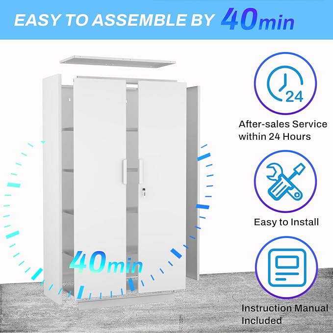 Metal Garage Storage Cabinet with Lock, 72" Tall Steel Storage Locker with 4 Adjustable Shelves, Heavy Duty Metal Cabinet for Garage, Office, Home, White