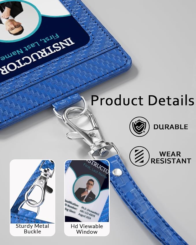 Carbon Fiber Work ID Card Holder with Lanyard is a Stylish and Durable Card Holder with Dual Card Capacity, Clear Display Window and Privacy Back Pocket (Blue)