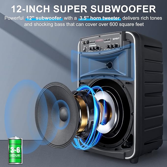 GTSK12-2 Portable Bluetooth PA Speaker System with TWS, Wireless Karaoke Machine for Adults with 12” Subwoofer, Dual UHF Mics, Rechargeable Outdoor Speaker w/USB-C, SD, FM, AUX – for Parties & Events