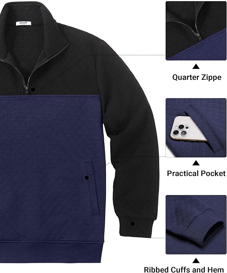 COOFANDY Mens Quarter Zip Pullover Quilted Sweatshirt Knit Long Sleeve Mock Neck Sweater Polo with Pocket
