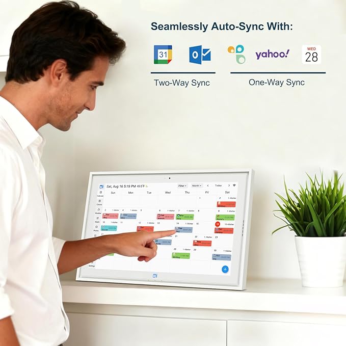 15.6 inch Digital Calendar Wall Planner & Chore Chart, IPS Touchscreen Interactive Display, Smart Family Schedules, Digital Picture Frame for Seamless Scheduling, Gift for Christmas Family (White)
