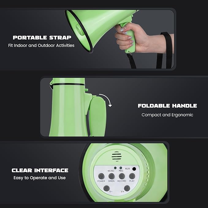 Portable Megaphone 20 Watt Power Megaphone Speaker Bullhorn Voice and Siren/Alarm Modes with Volume Control and Strap (Light Green)