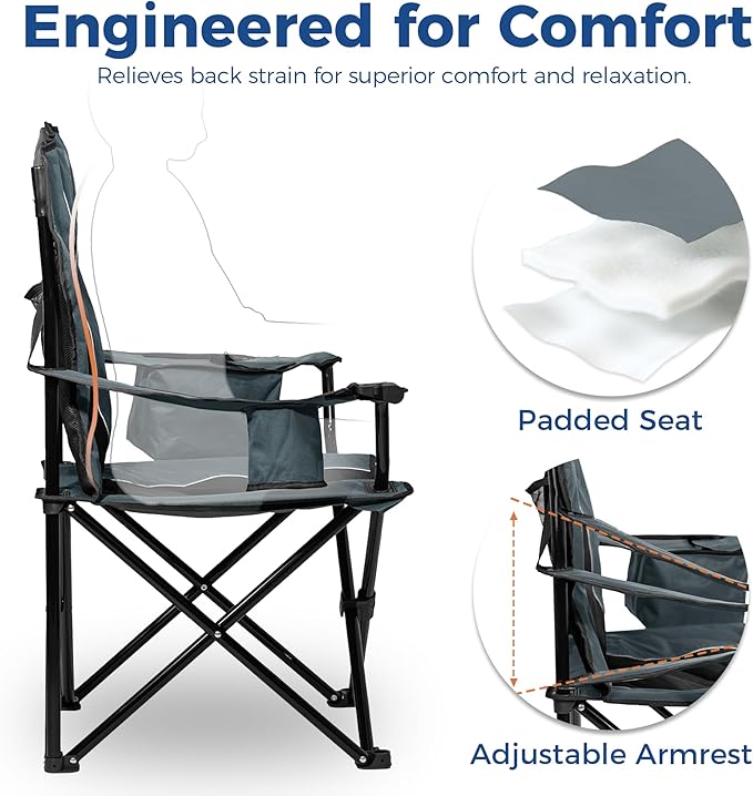 Oversized Padded Camping Chair, Heavy-Duty Steel Frame for 450 lbs Supports, Convenient 6-Can Cooler, Portable Carry Bag, Perfect for Outdoor, Beach, and Hiking (Gray & Black)