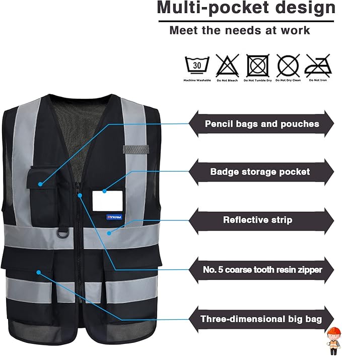 Reflective Security Safety Vests Heavy Duty with 7 Pockets and Front Zipper