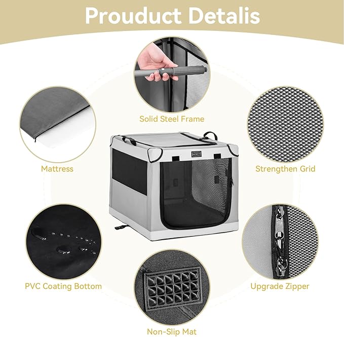 PETSFIT Portable Dog Crate, Soft Dog Crate - 24 Inch Easy Set-up, Light, Sturdy, Comfy Inside with Thicken Mat, Portable Kennel for Home and Travel Light Grey