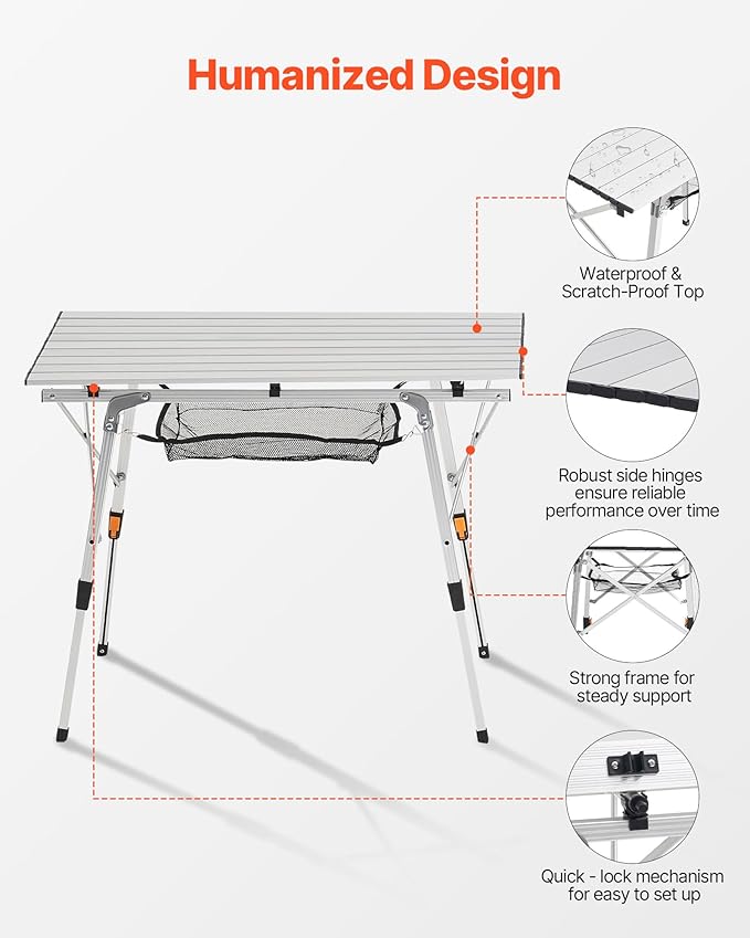 VEVOR Folding Camping Table, Portable Roll Up Side Tables, Lightweight Aluminum Beach Table for Outdoor BBQ Tailgating Picnic, Travel (35 inch-Silver)