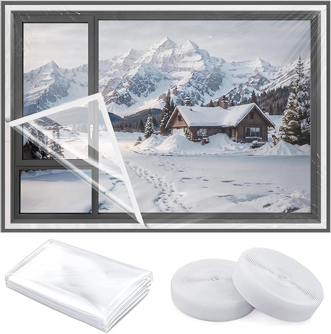 Window Insulation Kit 63 in x 10 ft Cuttable Transparent Film 180μm Thick Reusable Plastic Wrap with Adhesive Straps for Winterizing Thermal Insulation to Keep Cold Out