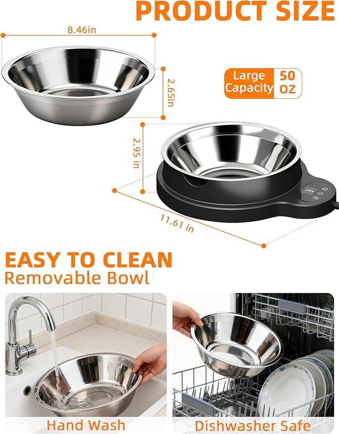 Heated Water Bowl for Dogs & Cats, 100W Heated Pet Bowl Outdoor with 3 Temperature Settings, 12H Timer, BPA-Free&50OZ Removable Stainless Steel Bowl, Anti-Chew Cord for Chickens, Ducks, Birds, Animal