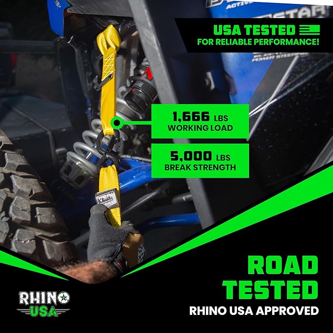 Rhino USA Soft Loop Tie Down Straps (4-Pack) - 1.6 Inch x 17 Inch (5,000 lbs Break Strength) Heavy Duty Motorcycle Handlebar Straps for use with Ratchets for ATV, UTV, Dirt Bike (Yellow)