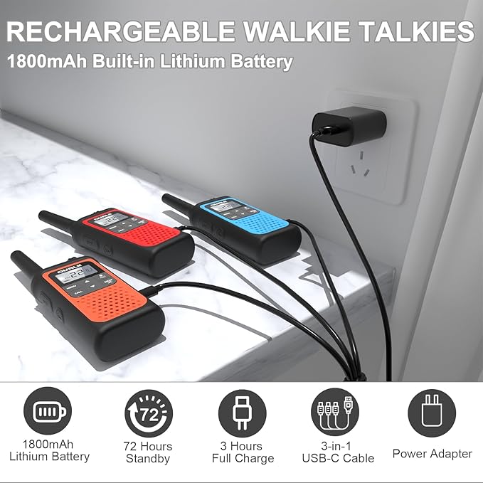 Rechargeable Walkie Talkies Long Range, 3 Pack Walkie Talkies for Adults NOAA Wether Alert, 2 Way Radios 22 FRS Channels with 1800mAh Li-ion Battery USB-C Cable Charger VOX for Hiking Cruises Camping