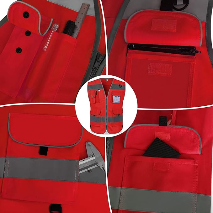TCCFCCT Reflective Vest 9 Pockets High Visibility Safety Vest for Men Women, Hi Vis Construction Vest with Reflective Strips, Meets ANSI/ISEA Standards, (Red, Small)