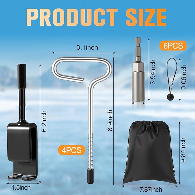 Ice Anchor Drill Adapter Kit, 13Pcs Ice Fishing Anchors Tool for Shelter Tent Shanty, with Reducing Sleeve, Bungee Cord Balls & Carry Bag for Easy Setup