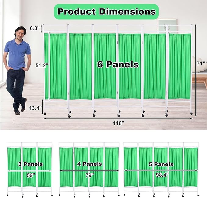 Medical Privacy Screen on Wheels, Foldable Medical Room Divider with Lockable casters, Waterproof Nylon Panel, Portable Privacy Screen for Room, Easy to Clean (Green 3 Panels)