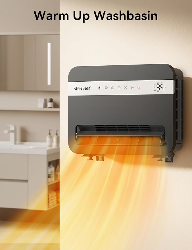Givebest-Wall-Heater-for-Indoor-Use, 1500W Electric-Space-Heater, 120°Vertical Oscillation,Works with Alexa, Adjustable Thermostat, Remote Control, 24H Timer, Easy-mounted Heater for Indoor Use,Black
