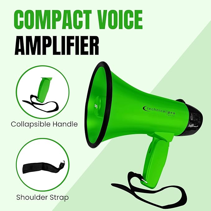 Technical Pro 20 Watts Lightweight Portable 300M Range Megaphone Bullhorn with Strap, Siren, and Volume Control, Good for Trainers, Soccer, Football, Baseball, Coaches
